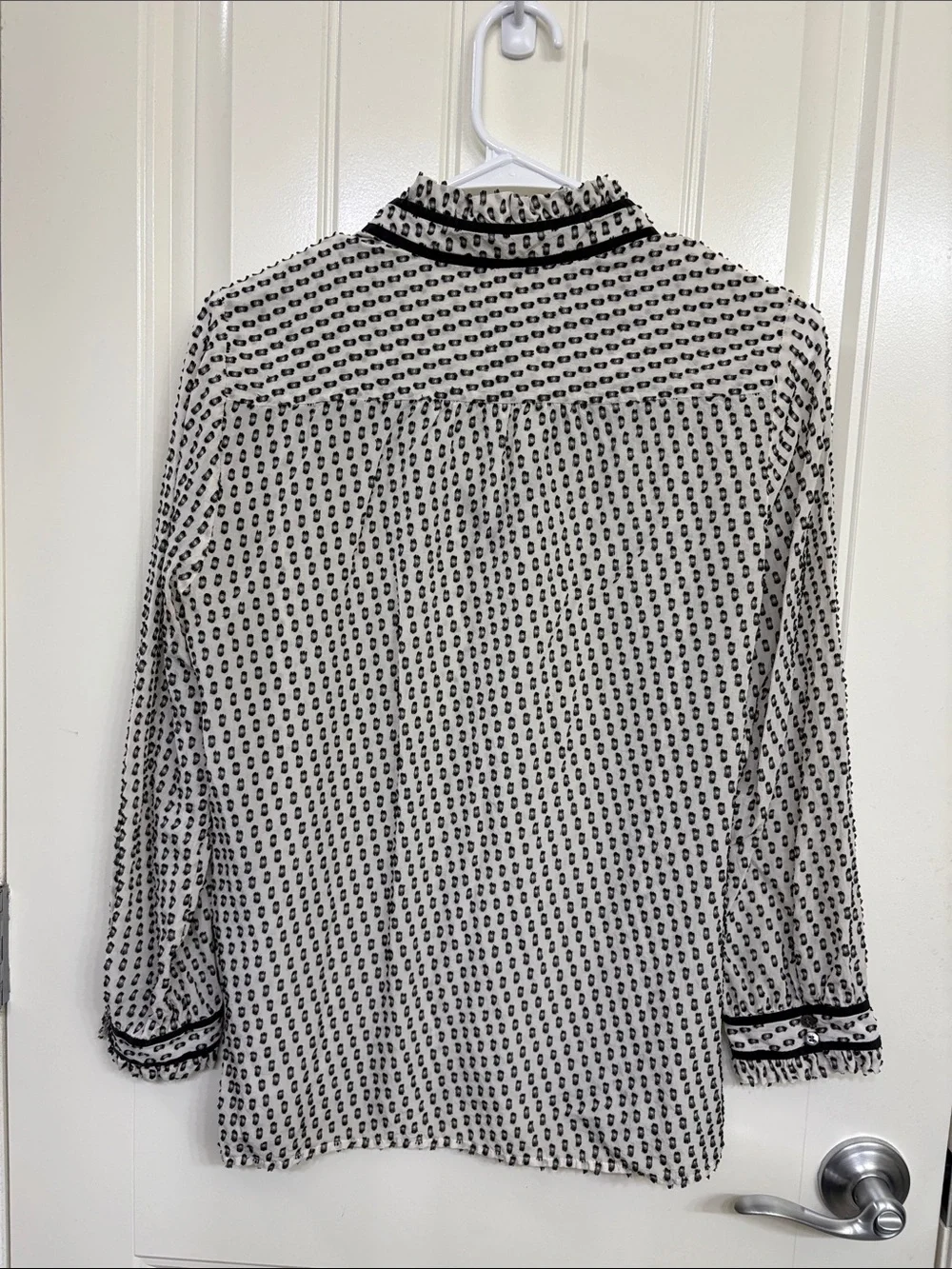 J. Crew Black & Off-White Patterned V-Neck Silk blend Blouse
